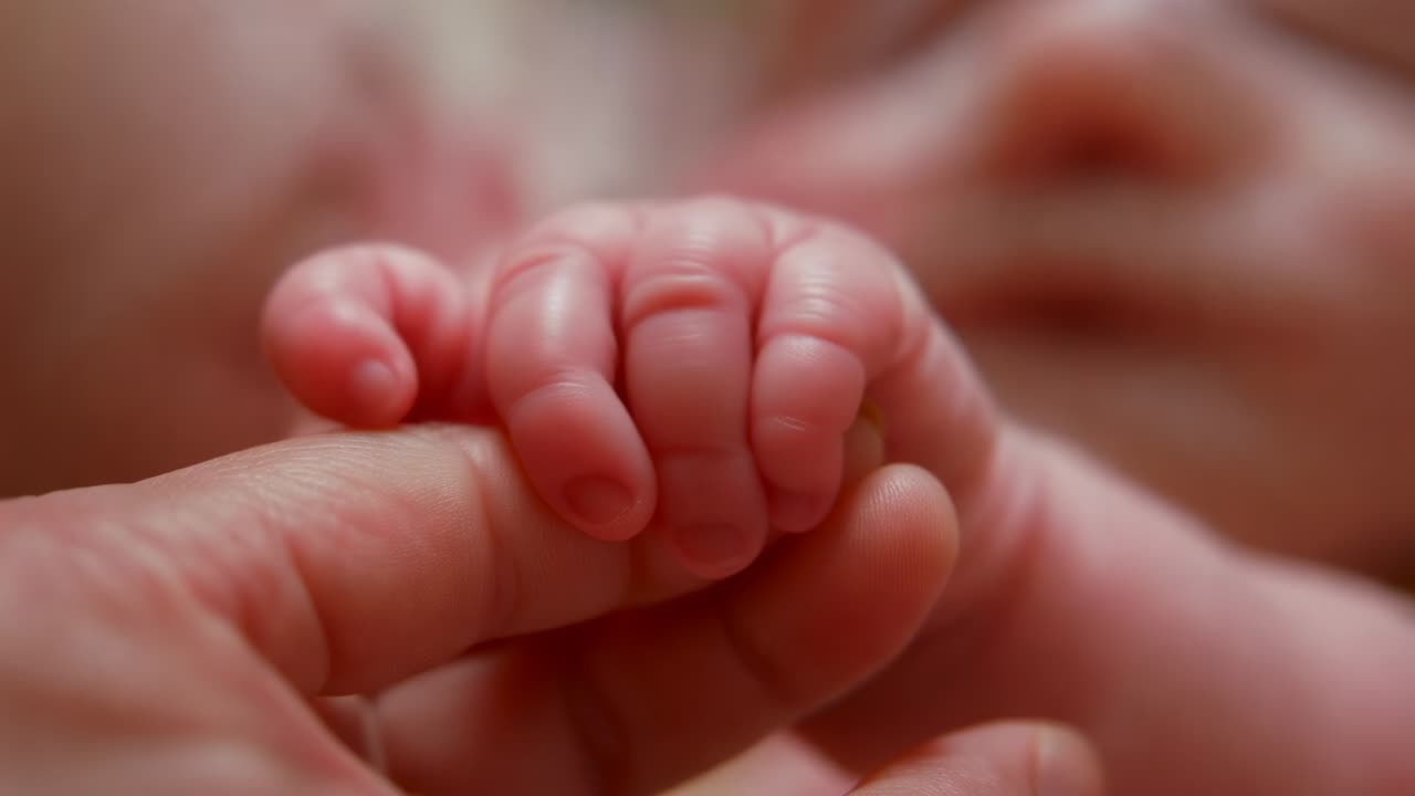 Et nyfødt barns hånd griber om en voksen persons pegefinger, efter at forælderen har rakt den hen over sengen for at trøste barnet