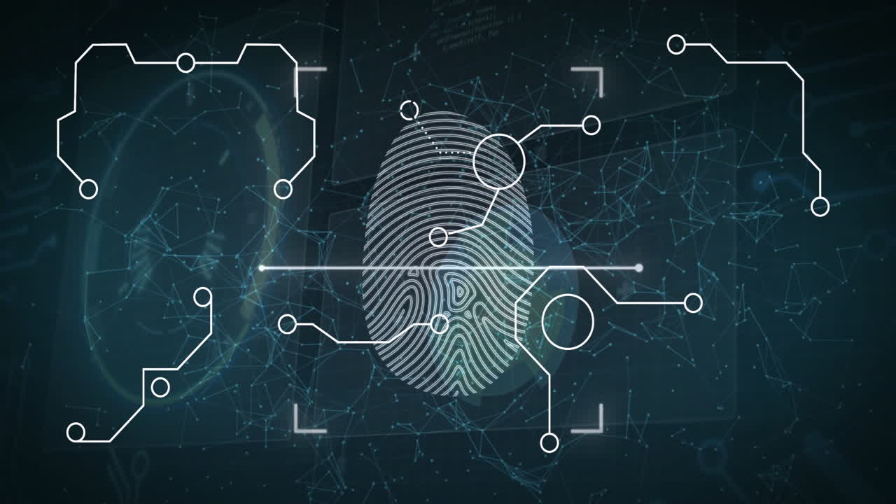 Digital network connections processing fingerprint data animation on screen in school
