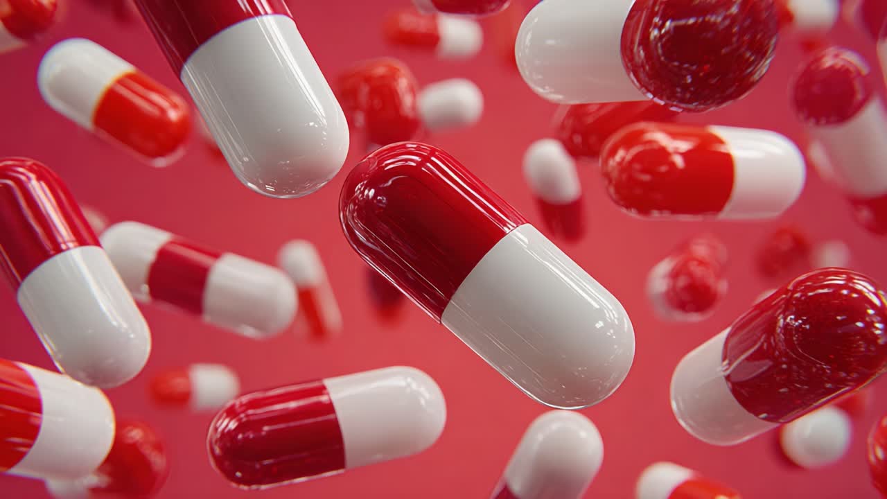 A Vibrant Display of Red and White Capsules Floating Against a Soft Pink Background, Showcasing Their Unique Shape and Color in a Captivating and Dynamic Arrangement