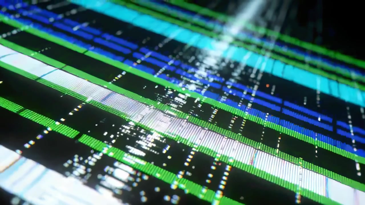 Tilting camera revealing banded data plane in digital grid with rails and beam showing data flow