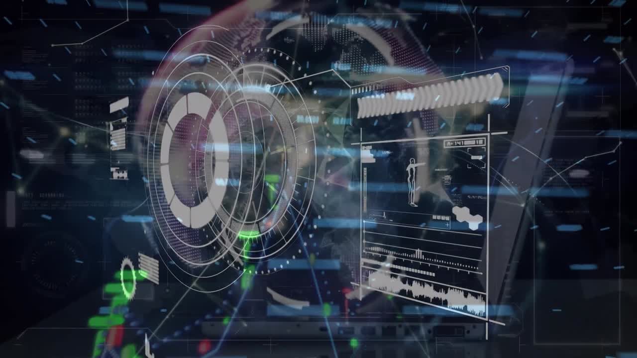 animación de texto nft con escaneo de alcance y procesamiento de datos sobre el globo y manos escribiendo en computadora portátil