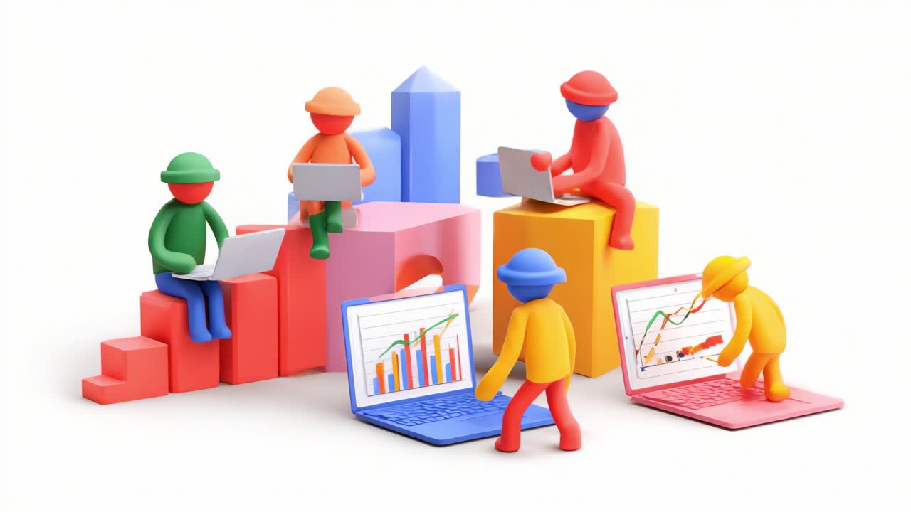 Colorful 3D Figures Engaged in Collaborative Data Analysis and Visualization, Using Laptops to Interpret Trends from Graphs, Set in a Bright, Geometric Environment