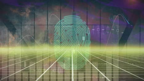 Animation-of-fingerprint,-padlock-in-shield,-multiple-graphs,-grid-pattern-over-abstract-background
