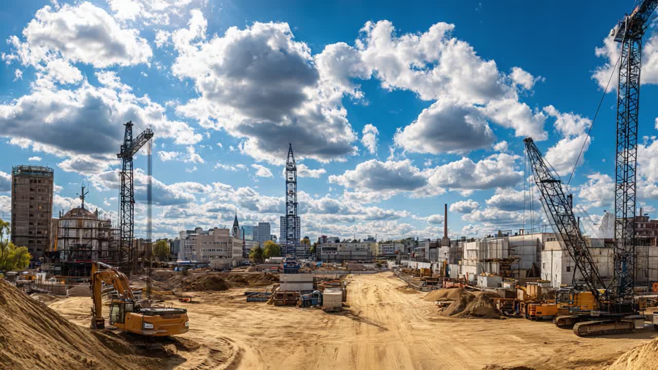 A Breathtaking Panorama of a Construction Site Under a Beautiful Sky with Clouds: Heavy Machinery, Cranes, and a Busy Work Environment Set Against Urban Backdrop