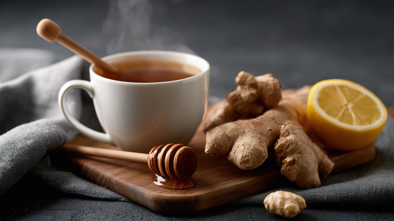 Una tazza fumante di tisana con zenzero fresco, limone e miele su un tagliere di legno, perfetta per rafforzare l'immunità e il benessere.