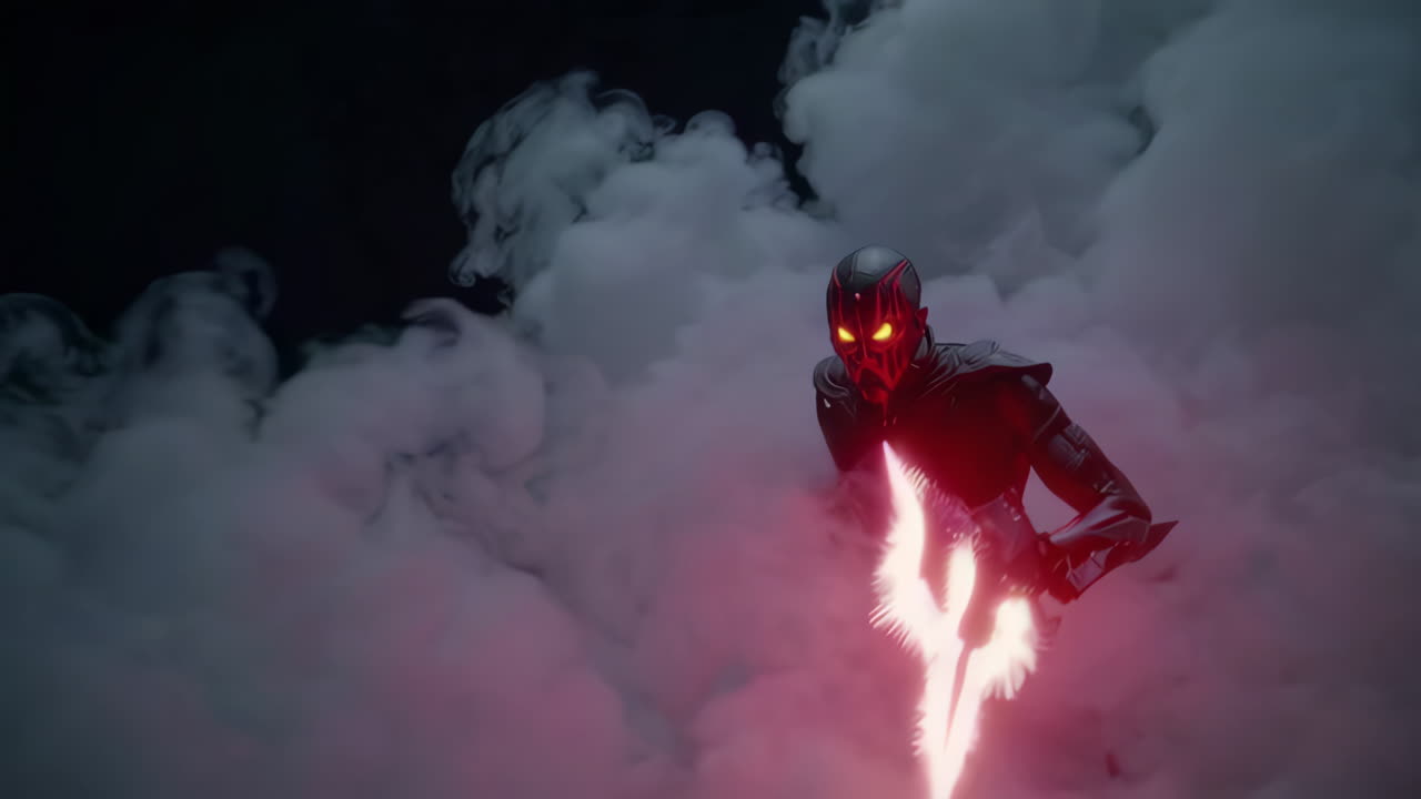 Dark Cyberpunk Superhero Figure in Smoke