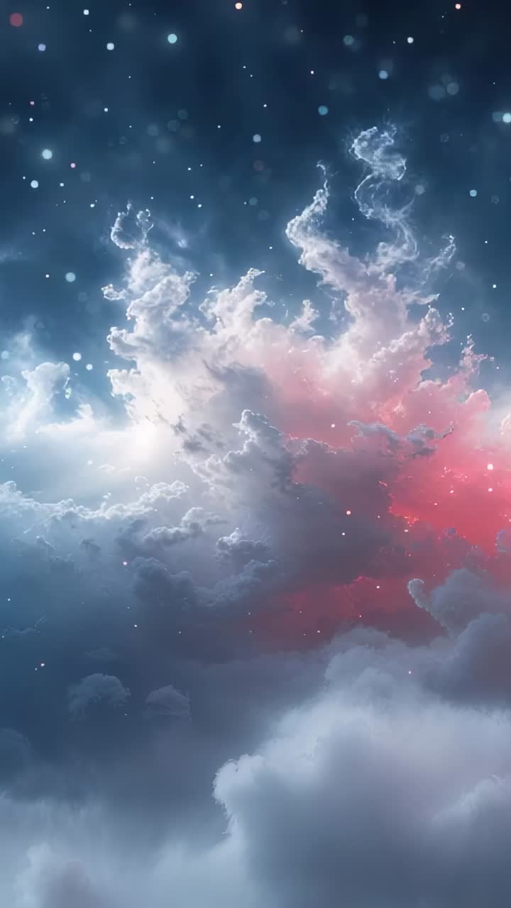 Vertical video: Flickering wisps sparking crimson, sapphire clouds forming magenta burst in space