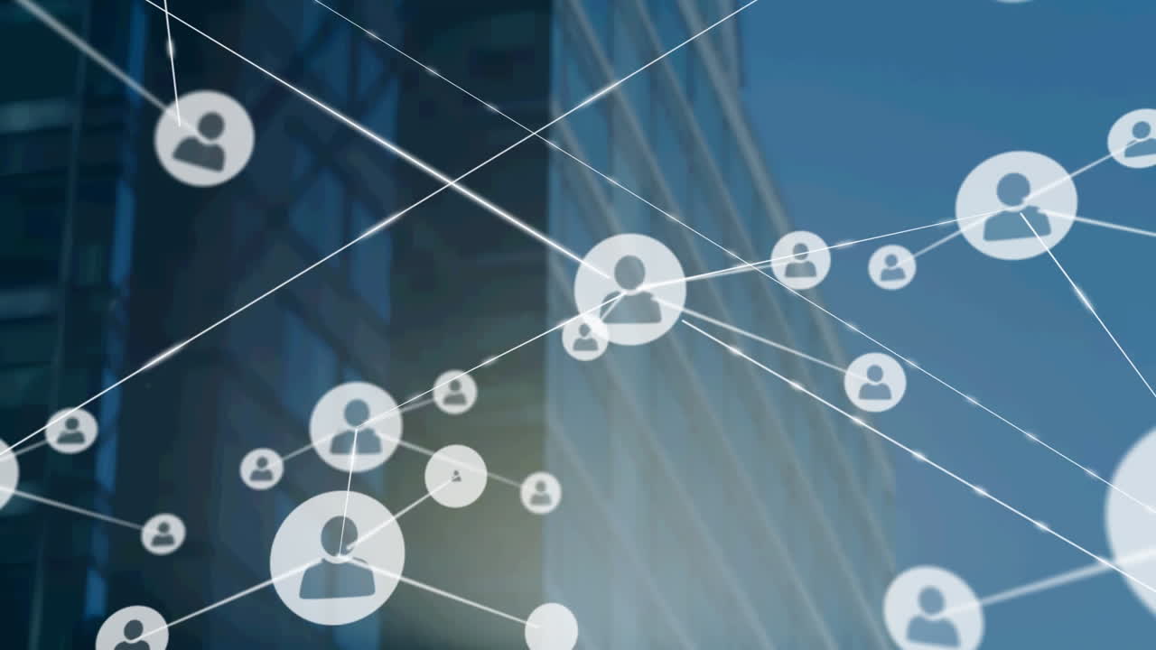 Animazione di rete di connessioni con icone su un moderno edificio