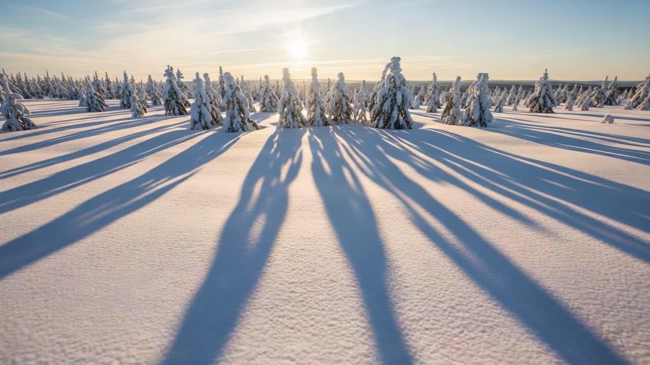 Vinterlandskab med snedækkede træer og lange skygger