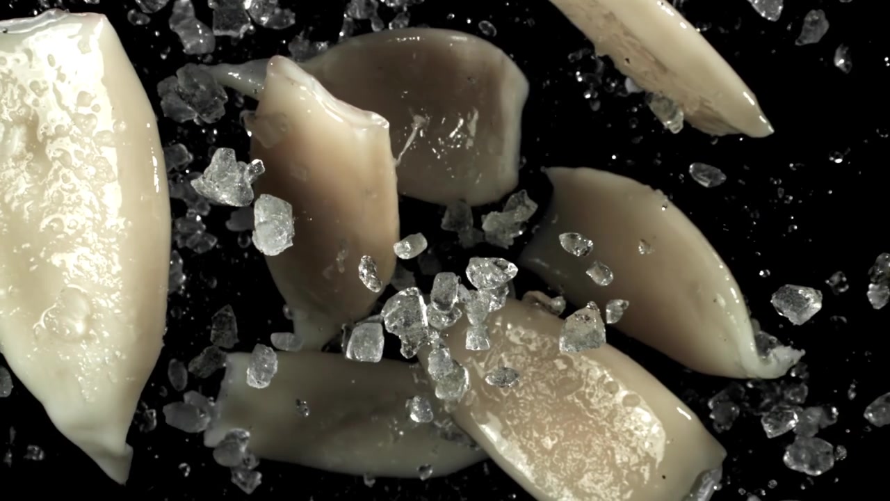 Calamari freschi crudi con ghiaccio che si scioglie su sfondo nero