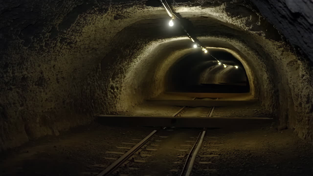 Dark Underground Tunnel with Railway Tracks and Lights