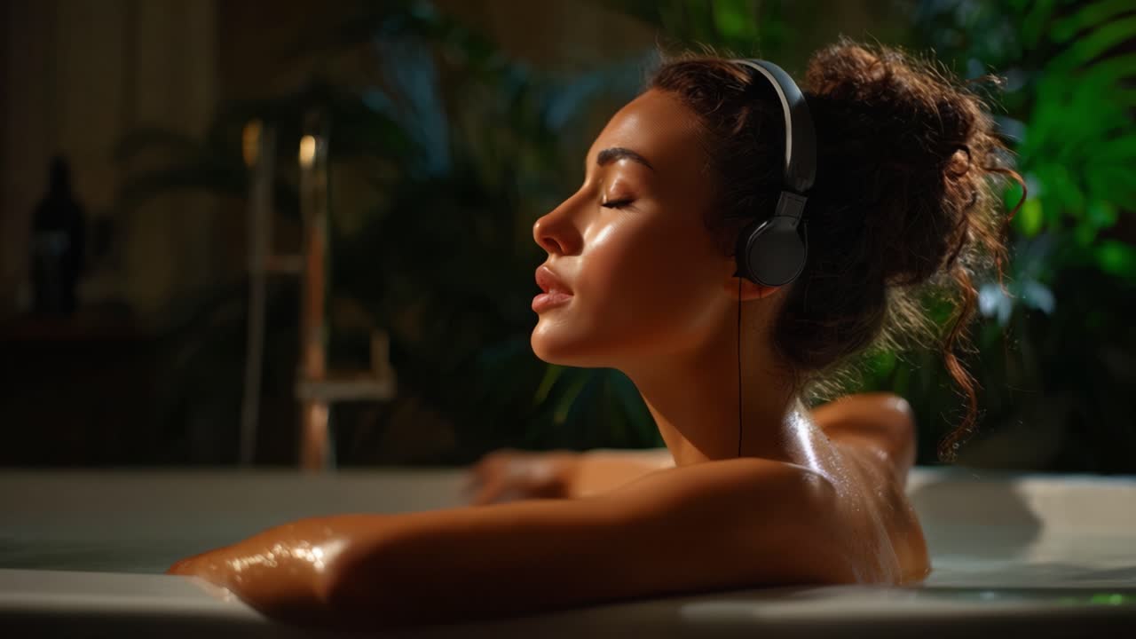 Détente dans un bain serein : une femme écoute de la musique paisible tout en se prélassant dans une oasis privée, entourée d'une verdure luxuriante et d'une atmosphère apaisante.