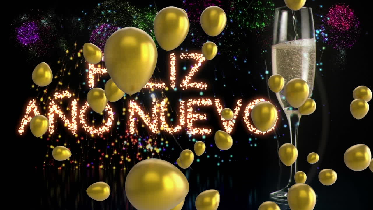 animación de texto de feliz año nuevo, globos rojos con fuegos artificiales y champán sobre fondo negro