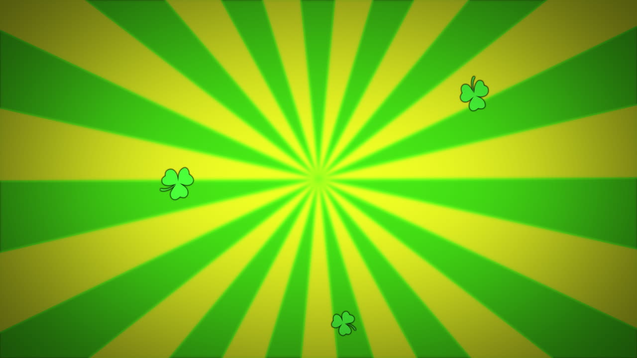 la animación digital del día de san patricio con tréboles que caen y rayas que giran.