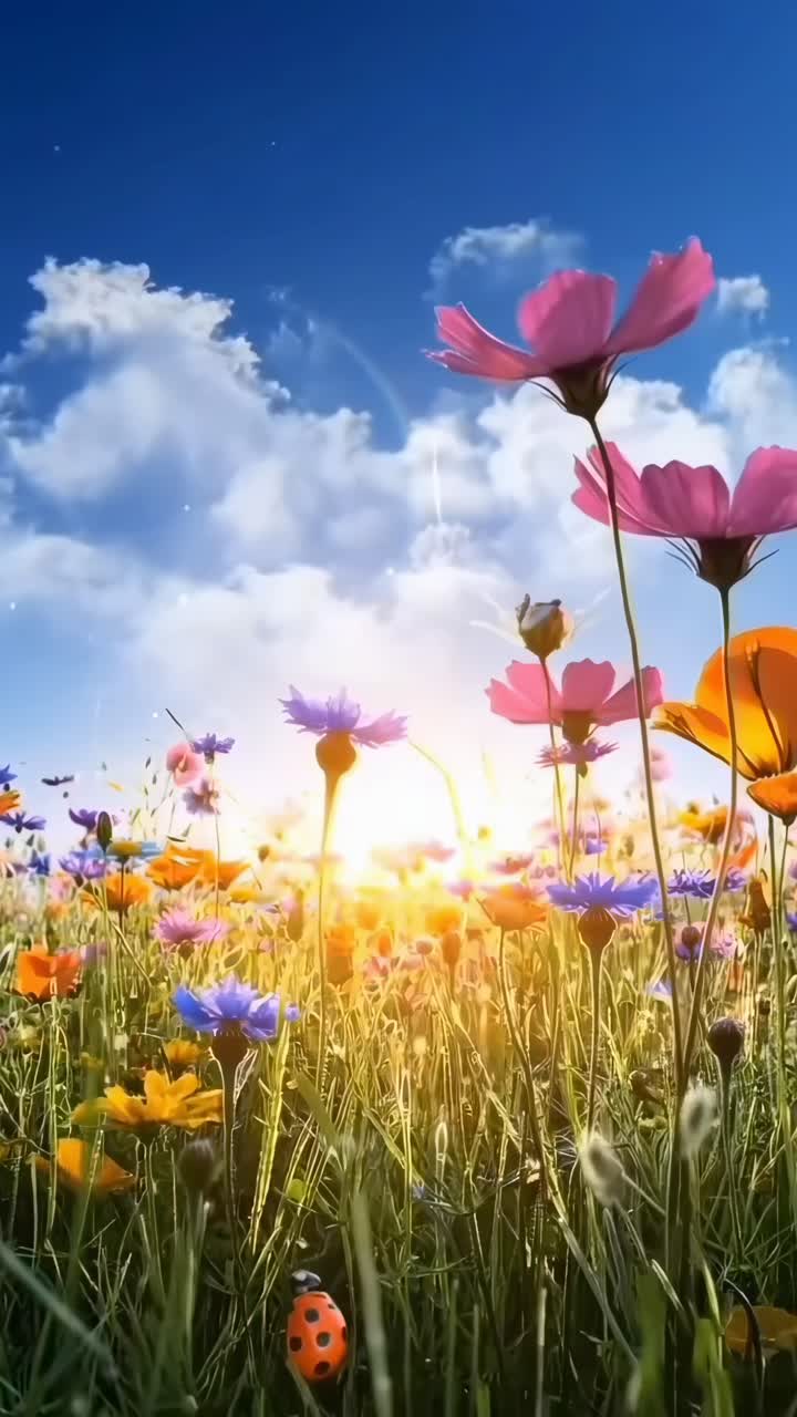 Fiori selvatici vivaci in un campo all'alba, ripresi dal basso, perfetto per un video sulla natura.