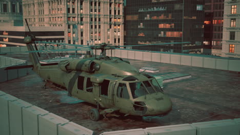 military helicopter on city rooftop