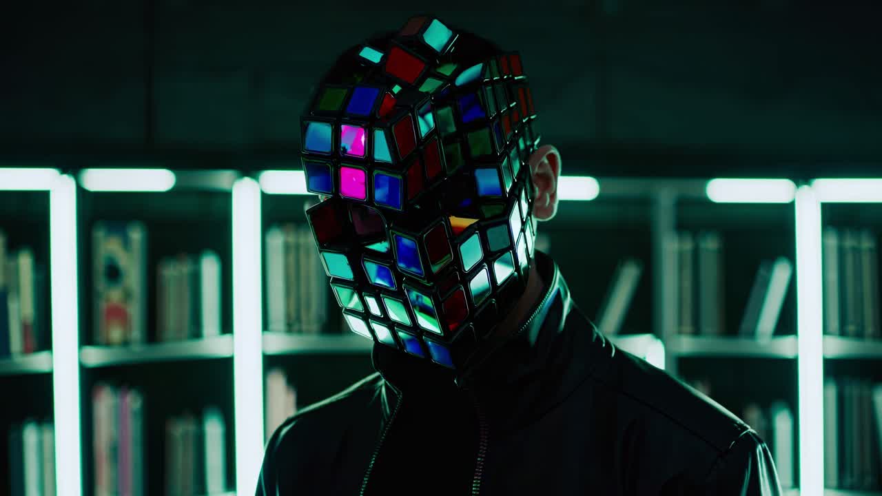 Enigmatic artist wearing puzzle like mask standing in shadowy library, embodying mystery through vibrant, artistic expression and hidden identity