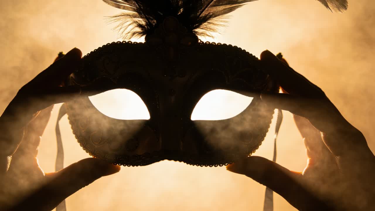 Mani dipinte che sollevano una maschera ornata, rivelando piume contro la luce dello studio e il fumo per la rivelazione.