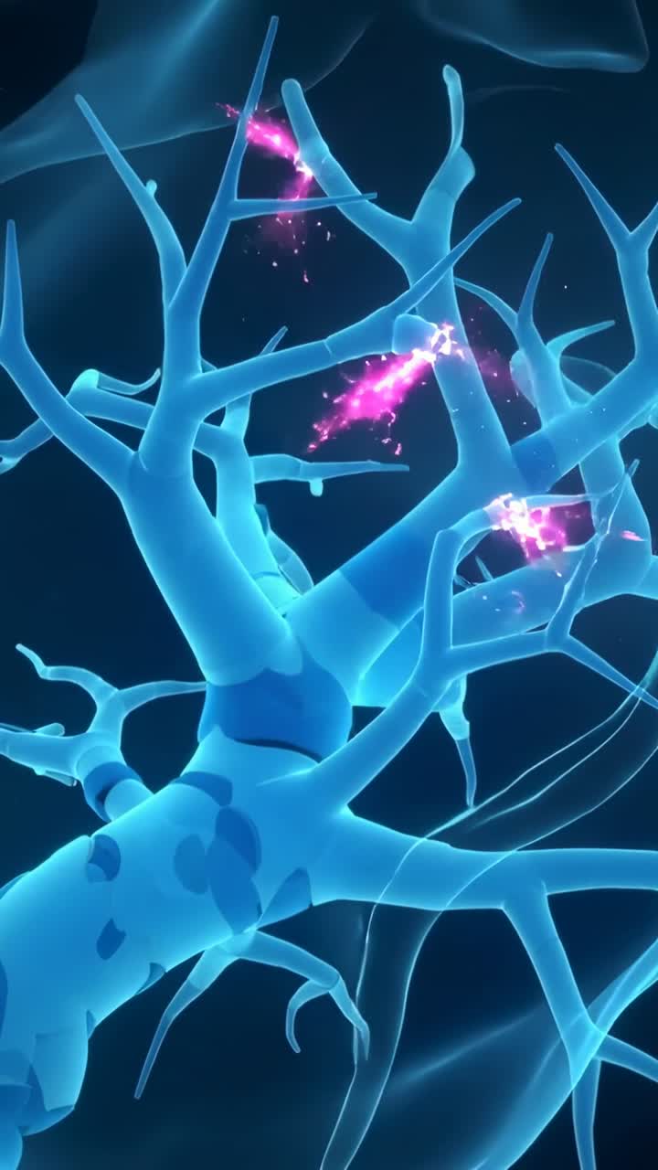 Vertical video: Moving camera upward showing myelin neuron sending pink sparks to signal microscale