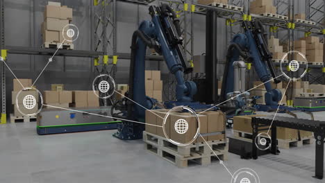 animation of network of connections with icons over machines working in warehouse