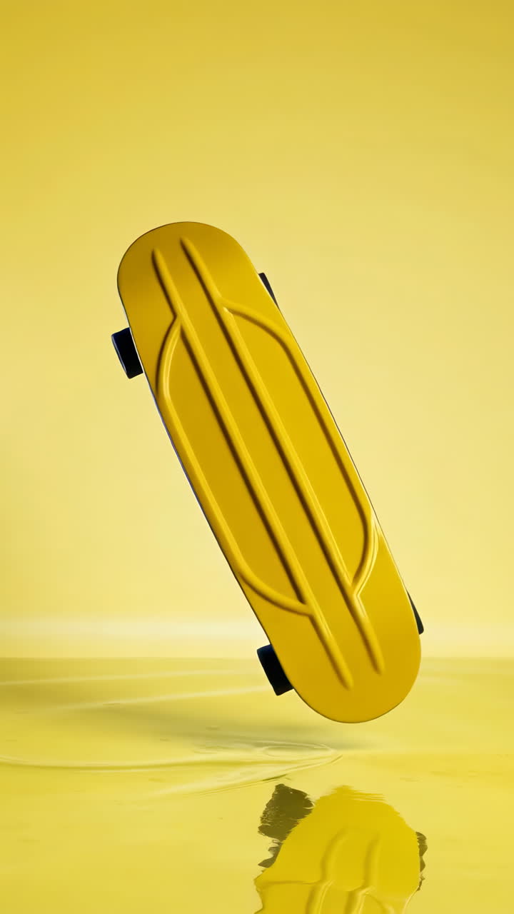 Yellow Skateboard Floating on a Reflective Surface