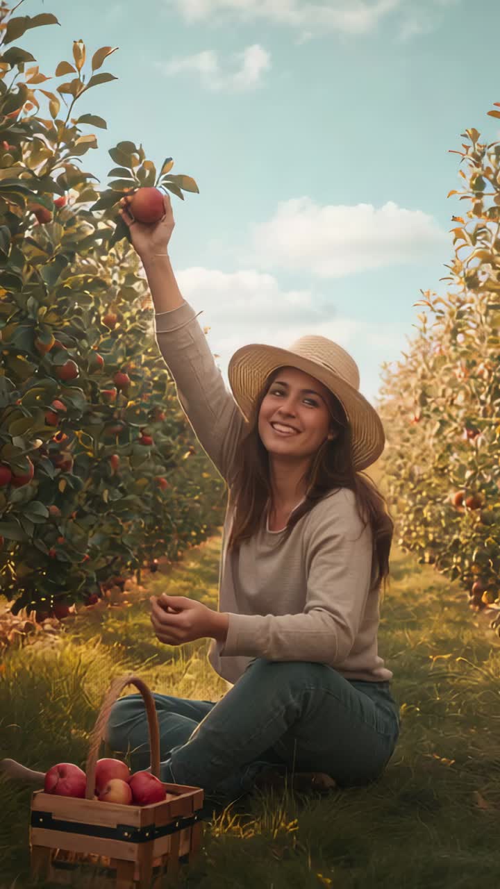 Vertical video: Spotting apple, woman in straw hat, jeans picking apples into basket in orchard