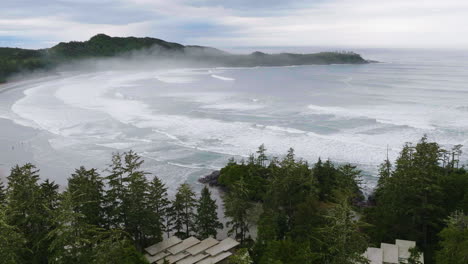 AERIAL-Shot-of-a-beach-in-Tofino,-British-Columbia,-Canada