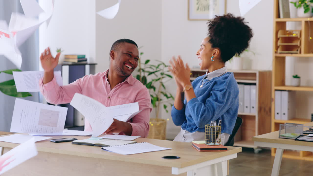 Paper throw, employee and office high five