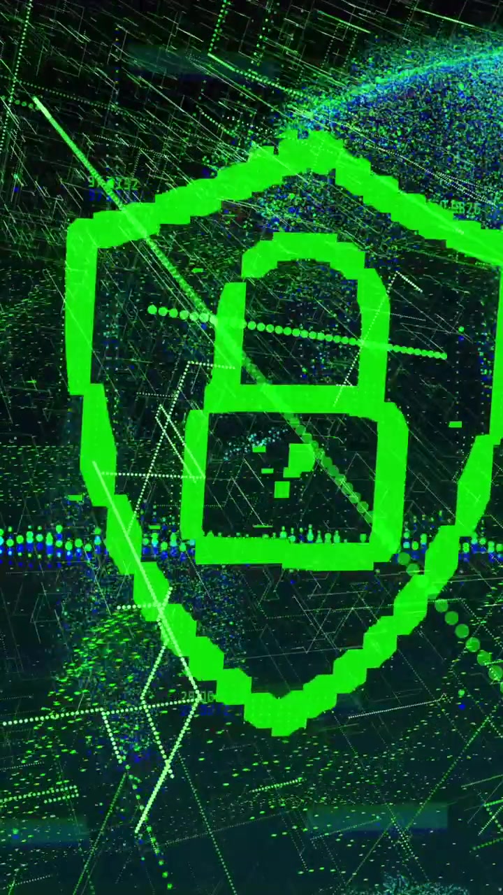 Animation of digital shield with padlock over globe on black background