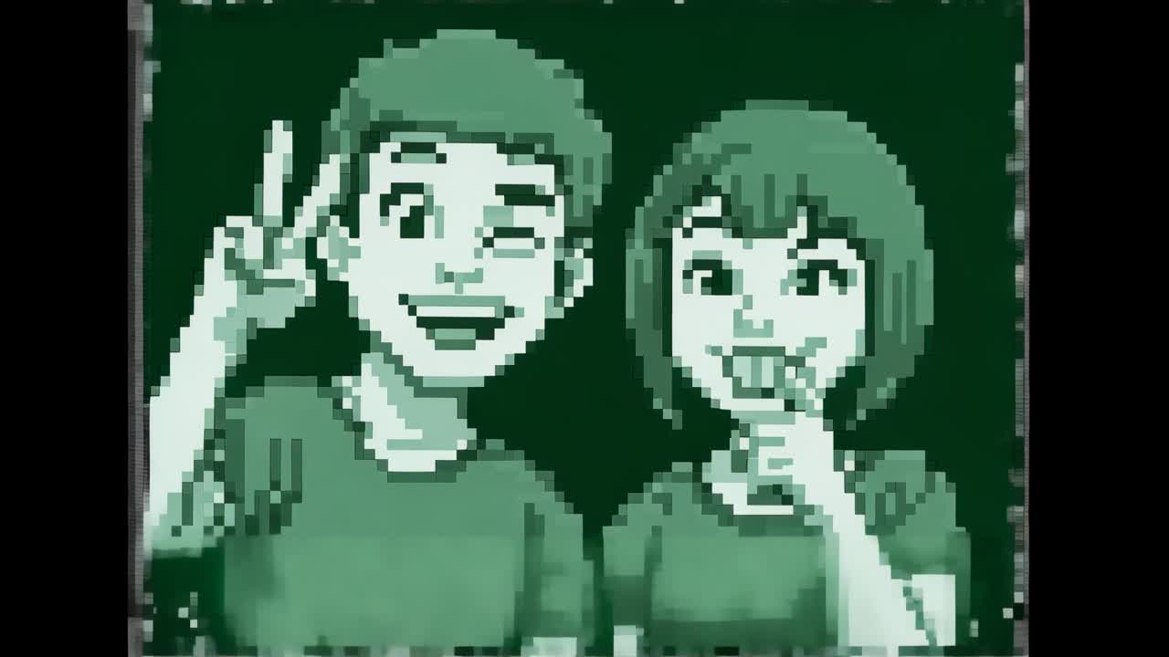 Duo ammiccante che posa in un ritratto pixelato, mostrando il segno della vittoria e muovendo le labbra, con magliette e frame usurato con linee di scansione