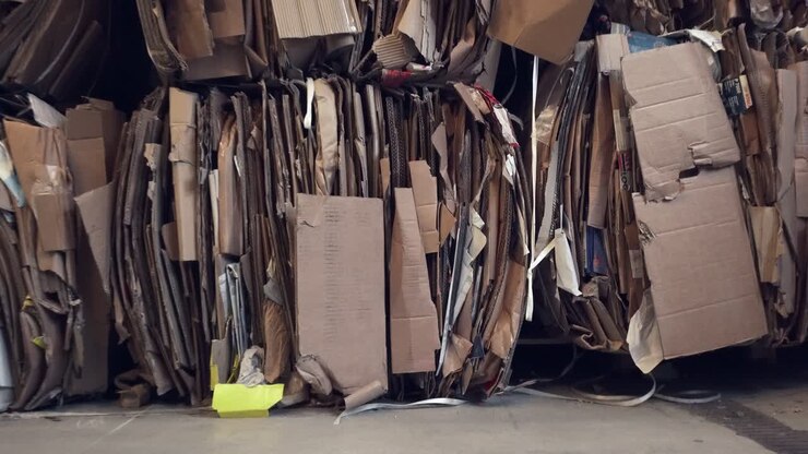 Moving clip of a waste paper waiting to be recycled in the warehouse