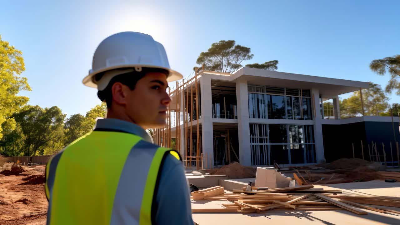 A construction worker in a hard hat and vest observes a modern house under construction