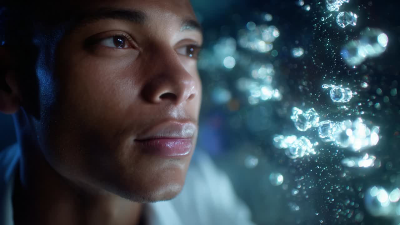 A contemplative individual gazes intently at bubbles, immersed in thought and reflection, as the shimmering orbs of air float gracefully in an atmospheric underwater environment capturing moments of tranquility and wonder