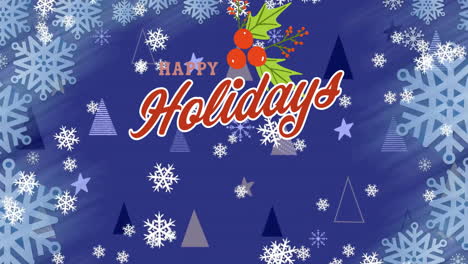 Animation-of-happy-holidays-text-and-snow-falling-over-christmas-trees-on-blue-background