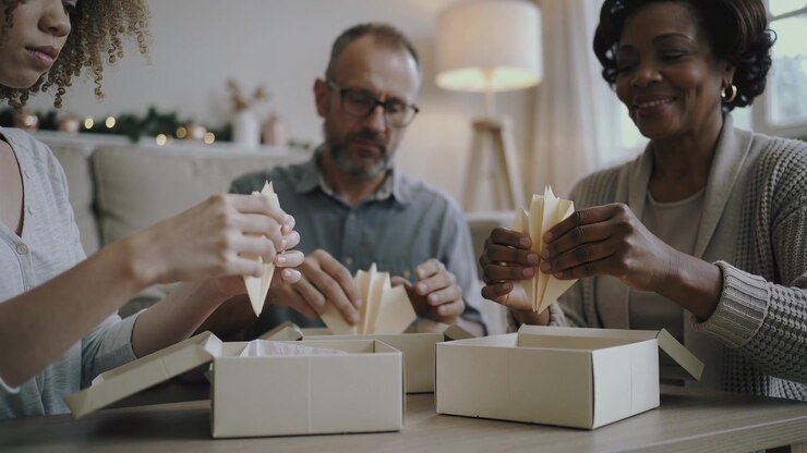 Opening boxes, three adults folding and placing paper fans on living room table