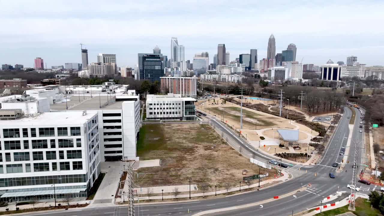 slow aerial push in to the charlotte nc, north carolina skyline