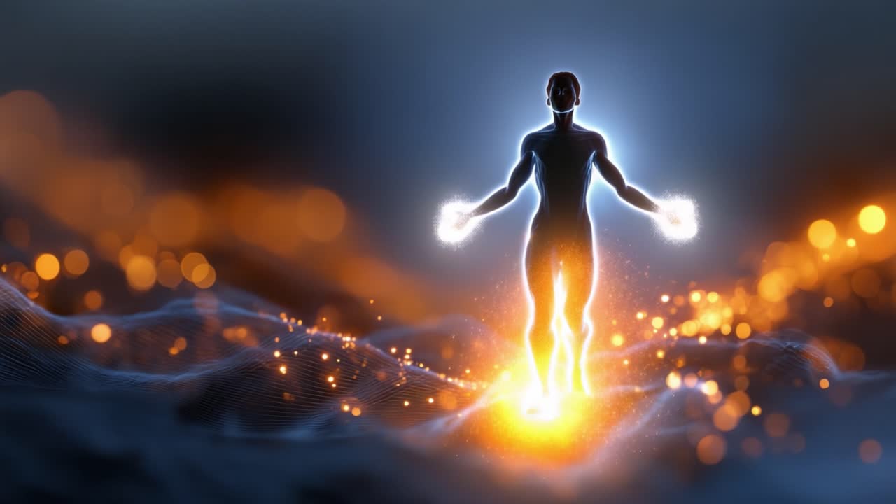 Una figura emerge de un mar de luz brillante, que encarna energía y vitalidad sobre un fondo de ondas dinámicas y partículas brillantes en una atmósfera etérea.