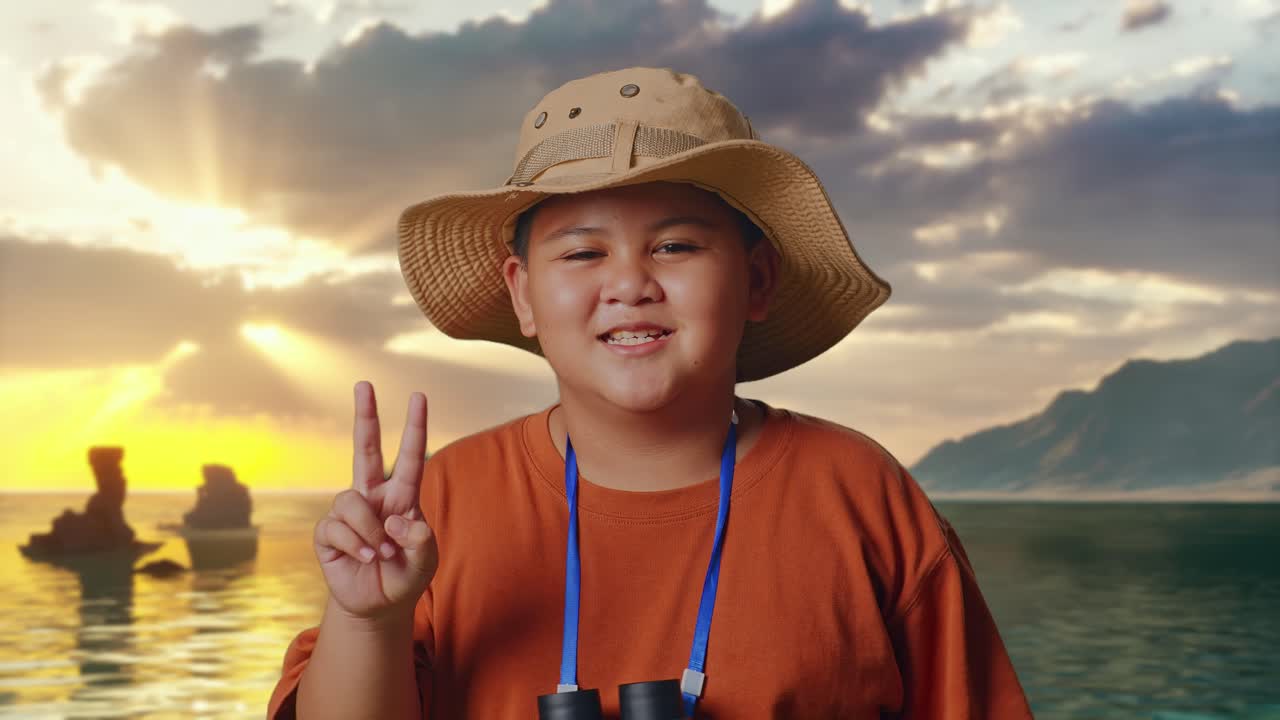 Anak Laki-Laki Asia Memakai Topi dan Teropong Menggunakan Kaca Pembesar Lalu Menunjukkan Gestur Damai di Pantai. Peneliti Anak Laki-Laki Memeriksa Sesuatu, Petualangan Pariwisata Perjalanan, Close Up