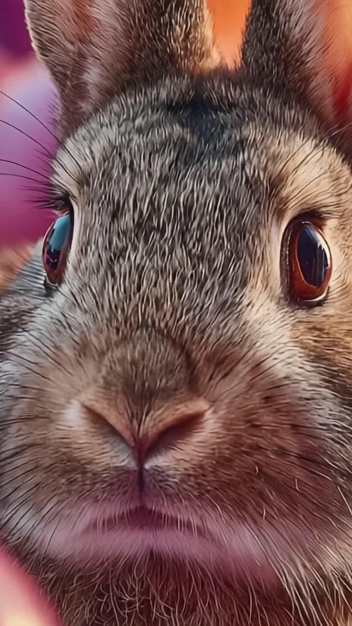 A Close-Up View of a Rabbit's Face in a Vibrant Floral Setting, Showcasing Intricate Details of Its Fur and Expressive Eyes, Capturing the Essence of Nature's Beauty