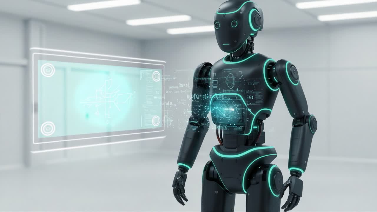 Futuristic Robot with Interactive Holographic Display in a Minimalist Modern Space, Showcasing Advanced Technology and AI Integration for Robotics Enthusiasts
