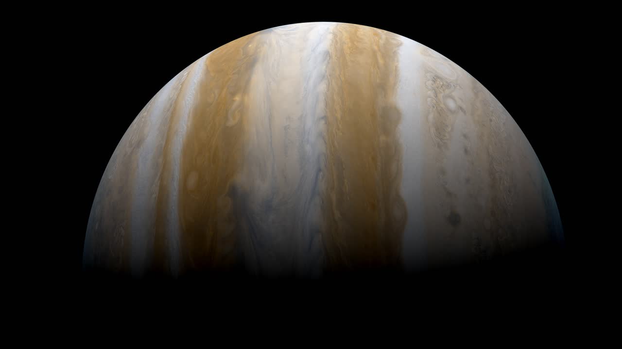 A unique view of the beautiful gas giant Jupiter, as if seen from a satellite or probe high in orbit above it's clouds and storms