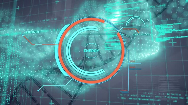 Animation of processing circle, dna and data processing on grey background