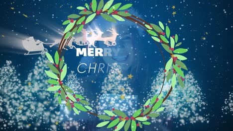 Animation-of-snow-over-merry-christmas-text-banner-against-christmas-trees-on-blue-background