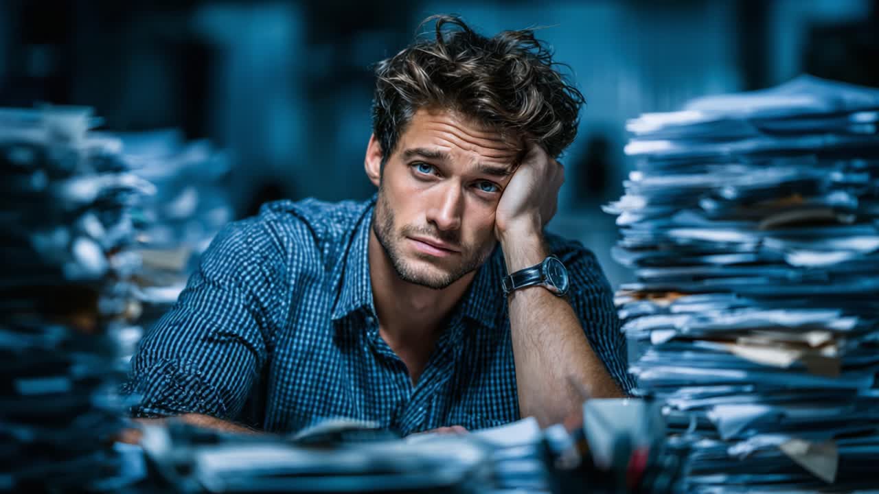 A Young Man Looks Pensive and Overwhelmed Amidst a Mountain of Documents, Capturing a Moment of Reflection in a Chaotic Environment