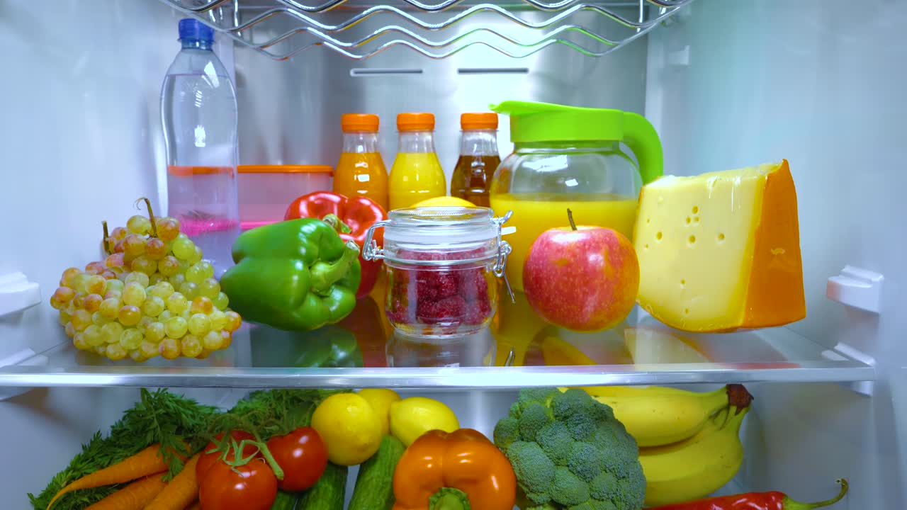 refrigerador abierto lleno de comida