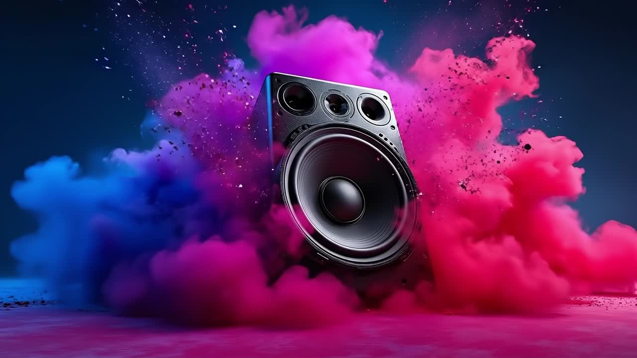 A speaker with pink and blue smoke coming out of it