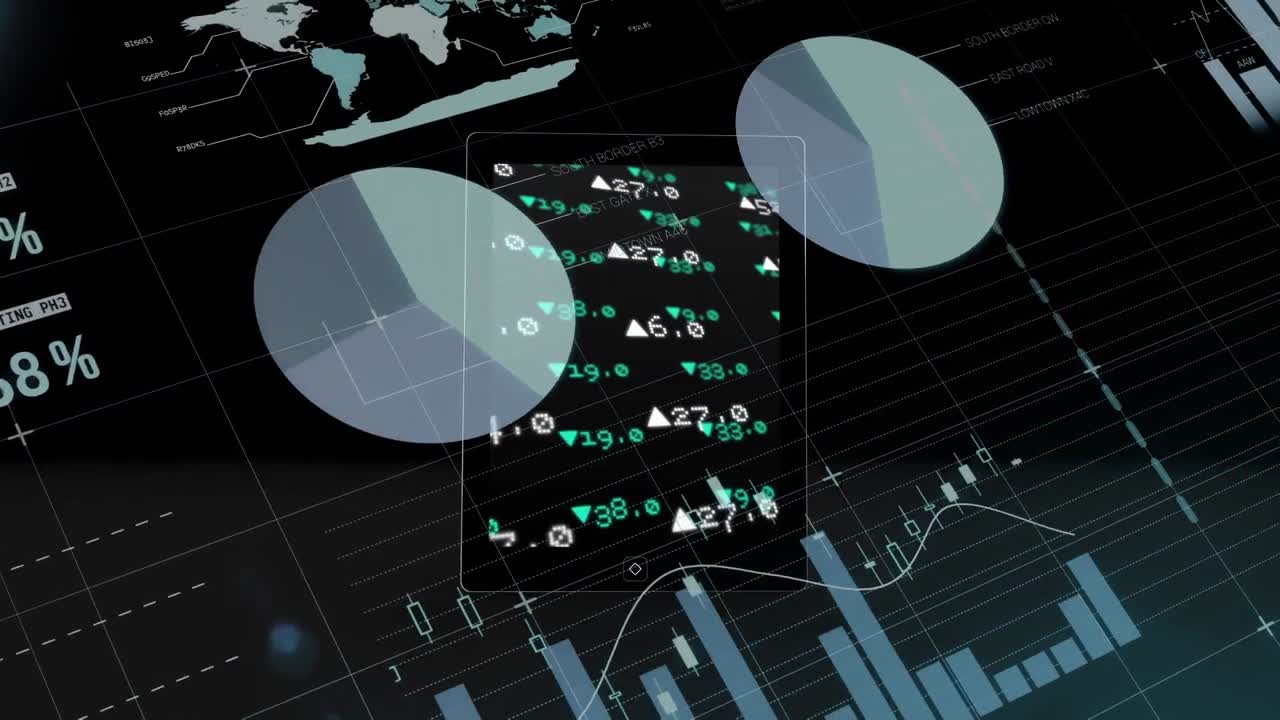 animación del procesamiento de datos financieros y estadísticos contra un fondo negro.