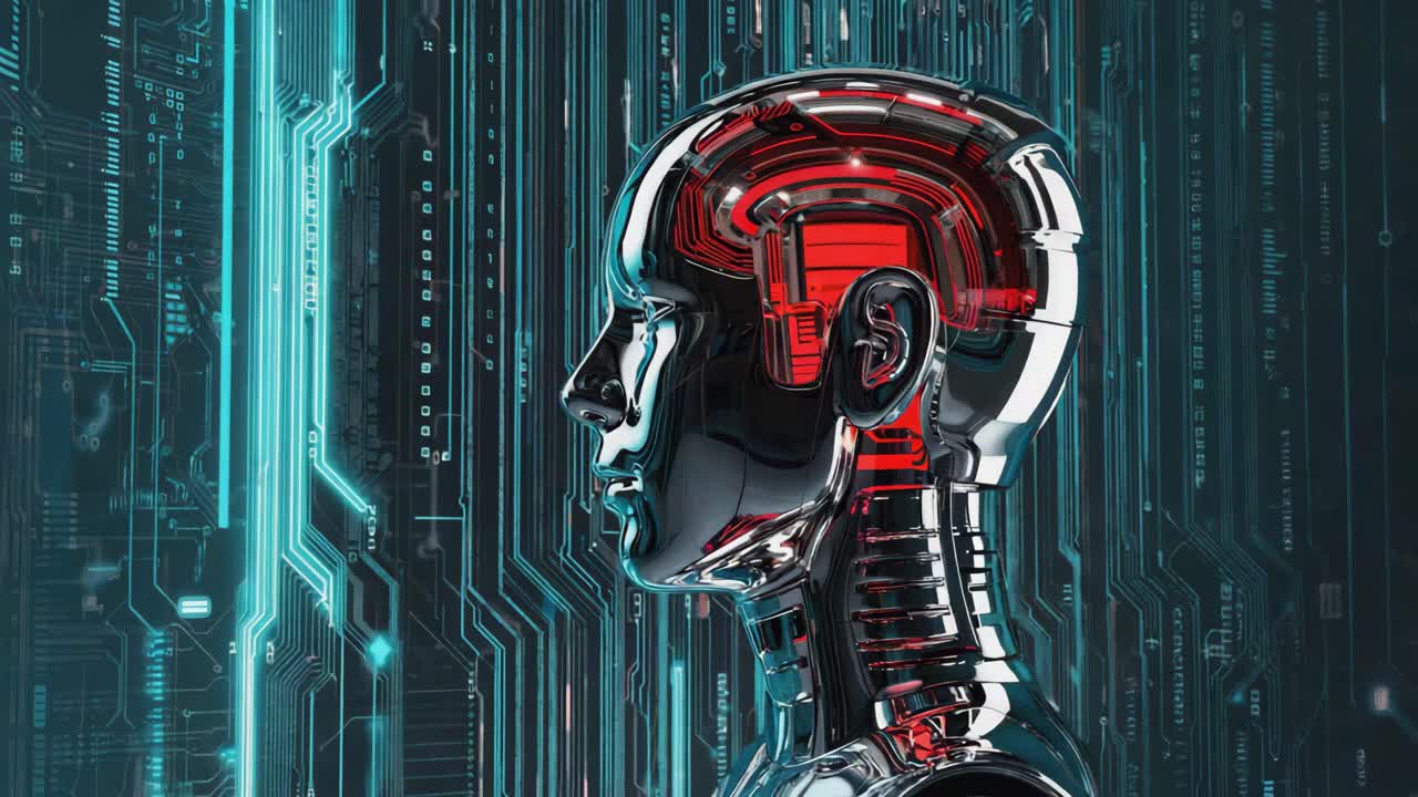 Futuristic AI Robot Head with Digital Circuit Background