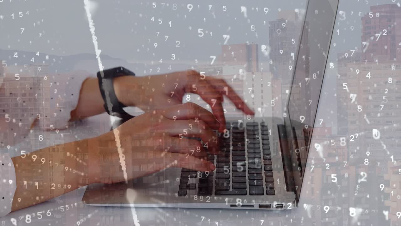 Animation of numbers moving over hands of caucasian man using laptop