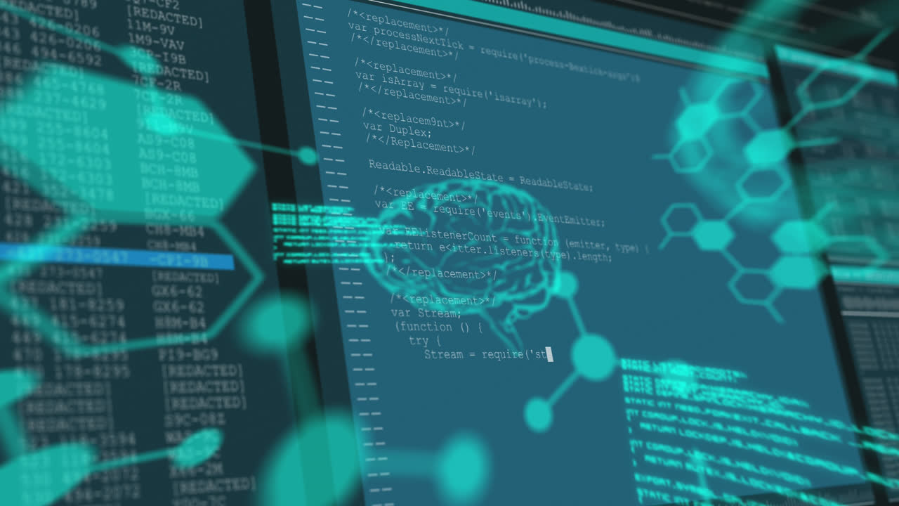 Animation of data processing on screens over blue background